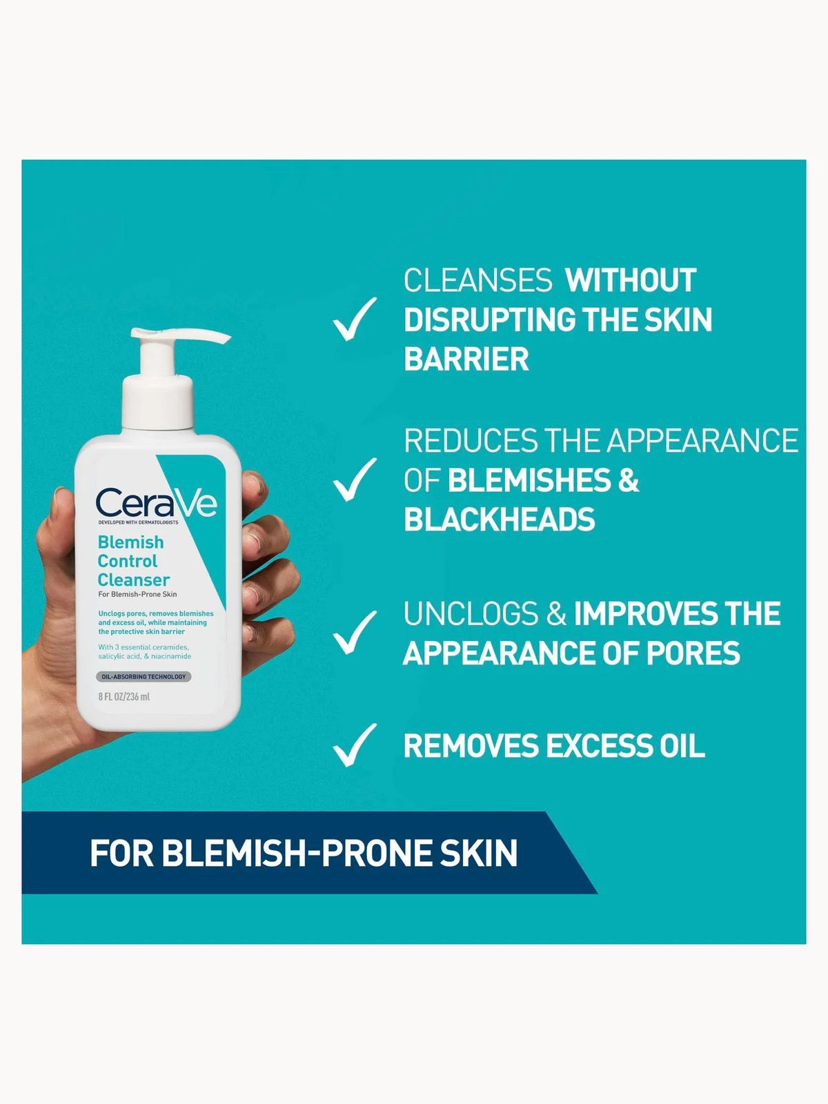 CeraVe Blemish Control Face Cleanser with 2% Salicylic Acid & Niacinamide for Blemish-Prone Skin 236ml